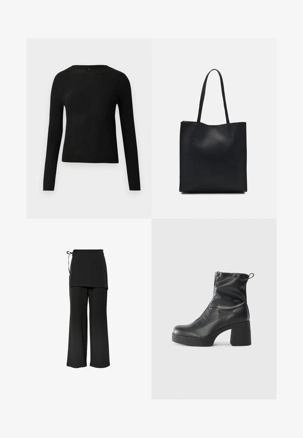 Svart ribbad långärmad åtsittande tröja med rund halsringning, visad mot en enkel ljus bakgrund.; Svarta, vida byxor med ett lagerdesign och sidöppning. Tillverkade av ett mjukt, slätt material med en enkel, ren snitt.; Svarta ankelstövlar i slitstark läder, med sidodragkedja, kraftig strukturerad klack och rundad tådesign.; Svart lädertoffelväska med slät textur, rektangulär form och två långa handtag. Ingen synlig hårdvara eller dekorationer.