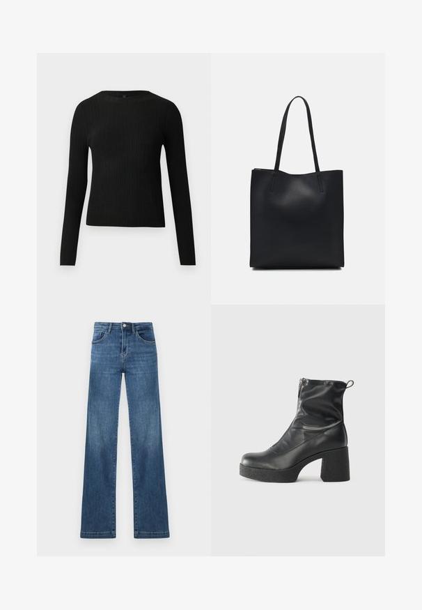 Suéter preto de mangas compridas com textura canelada, justo ao corpo, com um decote redondo, exibido contra um fundo claro e liso.; Jeans de denim azul-escuro com pernas retas, apresentando uma cintura alta, cinco bolsos e um fecho de botão metálico. Detalhes de lavagem desbotada distintos.; Botas de tornozelo pretas feitas de couro liso, com fecho lateral, salto grosso texturizado e design de bico arredondado.; Bolsa tote preta em couro com textura lisa, forma retangular e duas alças longas. Sem hardware ou enfeites visíveis.