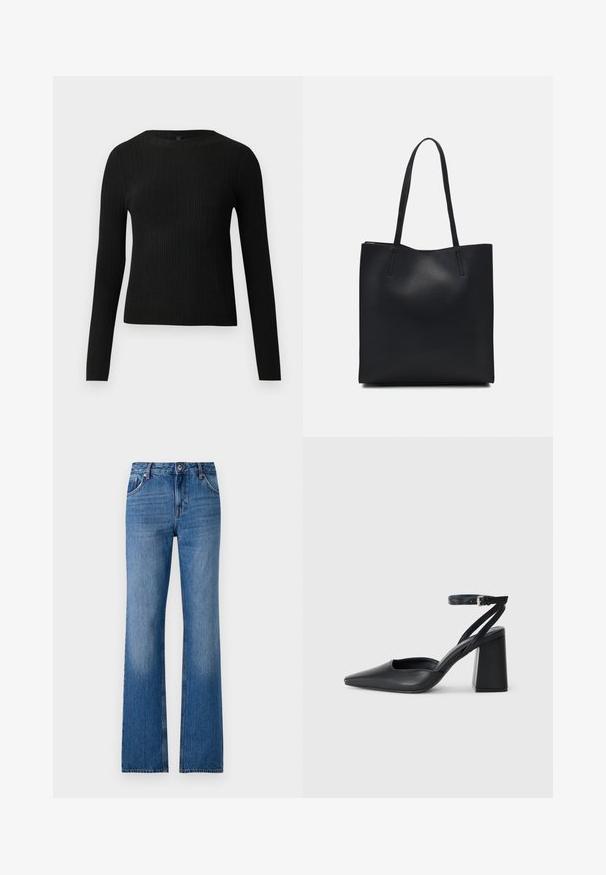 Suéter preto de mangas compridas com textura canelada, justo ao corpo, com um decote redondo, exibido contra um fundo claro e liso.; Jeans em denim azul claro, com corte fluido, design de cinco bolsos, fecho de botão e textura ligeiramente desbotada. Abertura da perna larga e distintiva.; Sandal com biqueira afilada em couro preto, com cinta no tornozelo e salto grosso. Textura lisa, design elegante e estética minimalista.; Bolsa tote preta em couro com textura lisa, forma retangular e duas alças longas. Sem hardware ou enfeites visíveis.