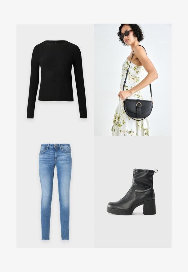 Črna rebrasta dolgosleeve prilegnjena pulover s krožnim ovratnikom, prikazan na enostavni svetli podlagi.; Tanjši modri jeans z višjim pasom, sprednjim gumbom in petimi žepi.; Črne gležnjarje iz gladke kože z božnim zadrgo, masivnim teksturiranim peto in zaobljeno obliko prstov.; Črna usnjena torbica s ukrivljeno obliko, z odstranljivo naramnico in zlatimi dodatki. Torbica ima pokrov s podrobnostmi v obliki zaponke.