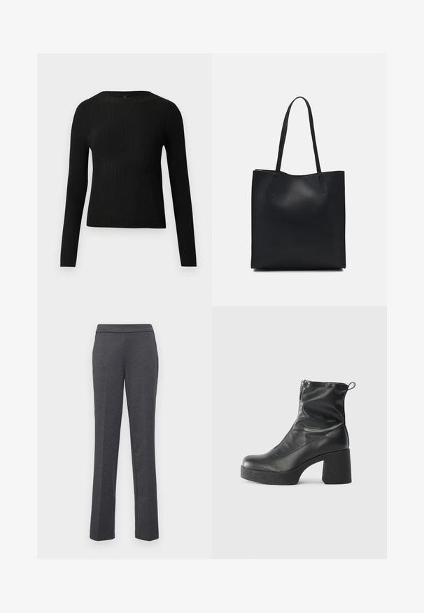 Maglione fitted a maniche lunghe nero a costine con scollo rotondo, esposto su uno sfondo chiaro e semplice.; Pantaloni grigi con un design a gamba dritta, texture liscia e vita alta. Presentano tasche laterali per praticità.; Stivali neri alla caviglia in pelle liscia, con zip laterale, tacco spesso e texture, e punta arrotondata.; Borsa tote in pelle nera con texture liscia, forma rettangolare e due manici lunghi. Nessun hardware o decorazione visibile.