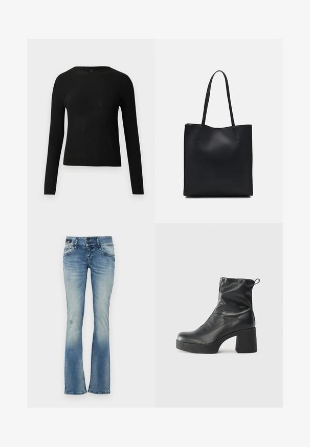Černý žebrovaný dlouhý rukáv těsně padnoucí svetr s kulatým výstřihem, vystavený na jednoduchém světlém pozadí.; Rozšířené modré džíny vyrobené z denimu s vybledlým vzhledem, s prošoupanými detaily, a dvěma předními kapsami s prošívanými akcenty.; Černé kotníkové boty vyrobené z hladké kůže, s bočním zipem, robustním strukturovaným podpatkem a kulatou špičkou.; Černá kožená taška přes rameno s hladkým povrchem, obdélníkovým tvarem a dvěma dlouhými uchy. Žádné viditelné kování ani ozdoby.