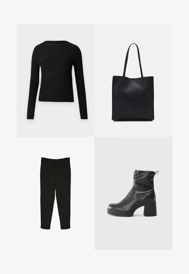 Black ribbed long-sleeve fitted sweater with a round neckline, displayed against a plain light background.; Black trousers made of woven fabric, featuring a straight-cut design, flat front, and cuffs at the ankles for a streamlined look.; Black ankle boots made of smooth leather, featuring a side zipper, chunky textured heel, and rounded toe design.; Black leather tote bag with smooth texture, rectangular shape, and two long handles. No visible hardware or embellishments.