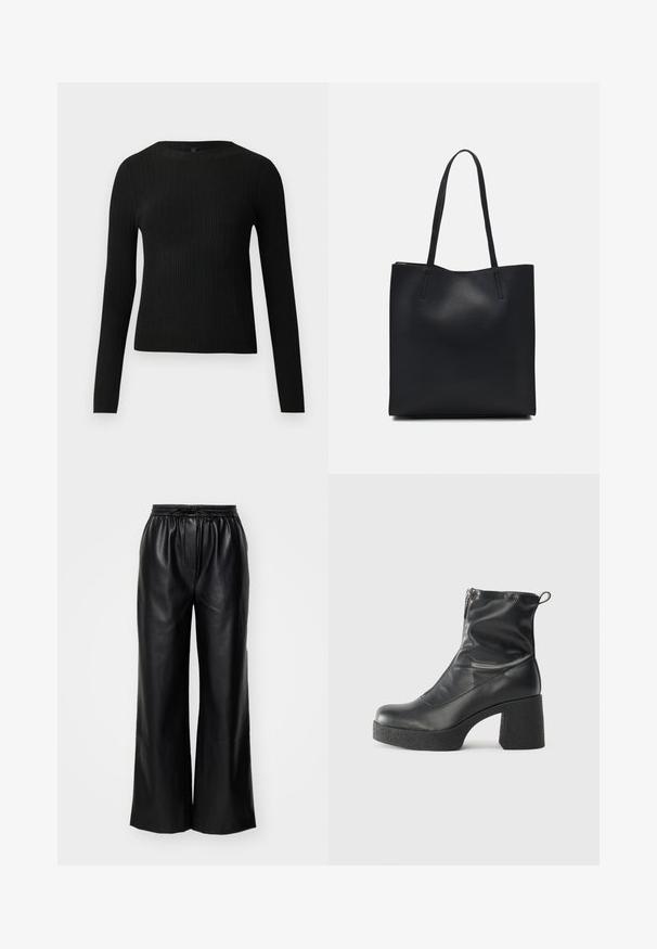 Svart ribbestrikket langermet tettsittende genser med rund hals, vist mot en ensfarget lys bakgrunn.; Sorte skinnbukser med vid benvidde, elastisk midje og justerbar snor; glatt tekstur med et rent, minimalistisk design.; Svarte ankelstøvler laget av glatt lær, med glidelås på siden, chunky strukturert hæl, og rund tå-design.; Svart lær tote bag med glatt tekstur, rektangulær form og to lange håndtak. Ingen synlige deler eller dekorasjoner.