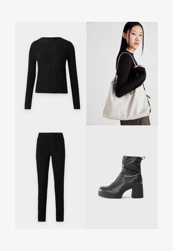 Suéter preto de mangas compridas com textura canelada, justo ao corpo, com um decote redondo, exibido contra um fundo claro e liso.; Jeans skinny de denim preto com cintura alta, cinco bolsos, fecho frontal com zip e costura em contraste subtil ao longo das costuras.; Botas de tornozelo pretas feitas de couro liso, com fecho lateral, salto grosso texturizado e design de bico arredondado.; Uma bolsa bege feita de material macio, com um design descontraído, detalhes de costura e duas alças para o ombro. Adequada para uso diário.