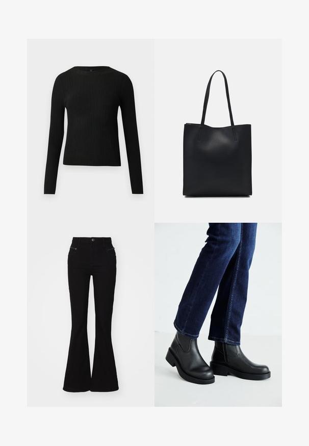 Melna, ribota, garām piedurknēm pieguļoša džemperis ar apaļu kakla izgriezumu, izlikta pret vienkāršu gaišu fonu.; Melni bišu džinsi ar augstu jostasviju, kas iezīmē priekšējās kabatas un rāvējslēdzēja detaļas. Izgatavoti no denima ar gludu tekstūru.; Melnas ādas potīšu zābaki ar masīvu zoli un sānu elastīgām daļām, kombinēti ar tumši ziliem džinsiem. Zeme ir gaišā krāsā.; Melnas ādas somiņa ar gludu tekstūru, taisnstūra formu un divām garām rokturiem. Nav redzamu aparatūras vai rotājumu.