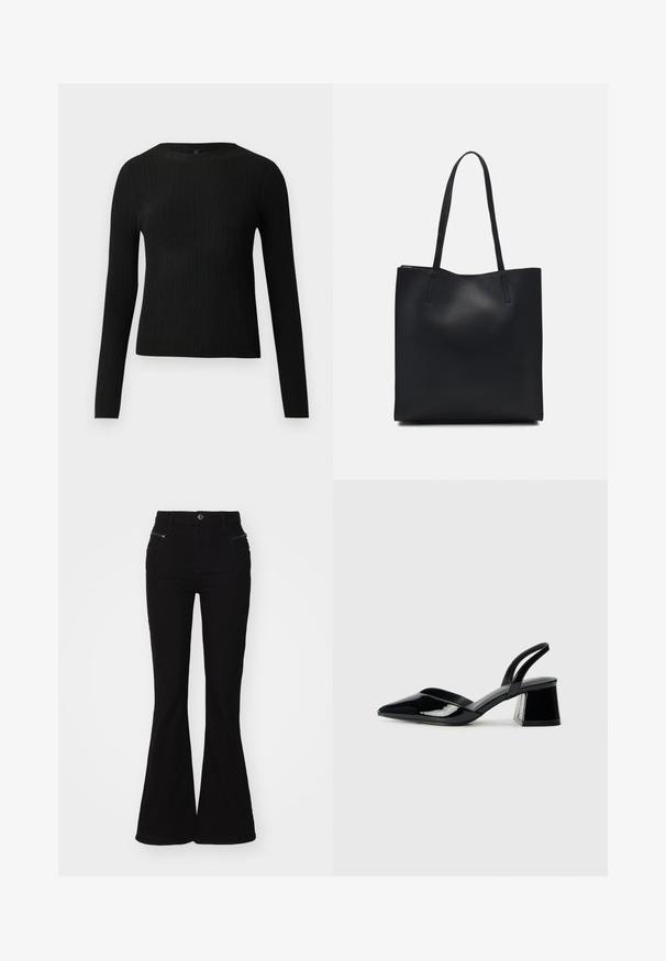 Mustmustriibuline must pikavarsiline sobiv sviiter ümmarguse kaelusega, esitatud helehallil taustal.; Mustad kõrge vöökohaga flöödid, millel on esikotid ja lukuga detailid. Valmistatud siledast denimist.; Mustad musta lakknahk kingad, millel on terav varvas ja geomeetriline plokkkonts. Omab elegantselt minimalistlikku disaini ja sujuvat tekstuuri.; Mustast nahast kott sujuva tekstuuriga, ristkülikukujuline ja kahe pika sangaga. Pole nähtavat riistvara ega kaunistusi.