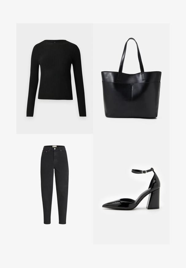 Melna, ribota, garām piedurknēm pieguļoša džemperis ar apaļu kakla izgriezumu, izlikta pret vienkāršu gaišu fonu.; Augstās jostas melnie džinsi no denima ar pogu aizdari, pieci kabatas un smalki izšuvumi. Šaura piegriezuma ar sašaurinātām kājām.; Melna lakota ādas augstpapēžu kurpe ar norādītu pirkstu, potītes siksniņu un platu bloku papēdi stabilitātei, ar gludu spīdīgu tekstūru.; Melnas ādas iepirkumu soma ar divām garām rokturām, gludu tekstūru un strukturētu formu. Iekļauj priekšējo kabatu papildu uzglabāšanai.