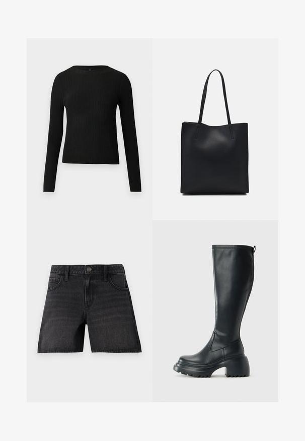 Crni rebrasti dugouhasti pripijeni pulover s okruglim izrezom, prikazan na jednostavnoj svijetloj pozadini.; Crni traper šorts s klasičnim krojem, opremljen pet džepova, zatvaranjem na dugme i suptilnim izbljedenjem u teksturi tkanine.; Visoke crne kožne čizme s debelim platformskim đonom i blok petom, s patentom za povlačenje i teksturiranim uzorkom na potplatu.; Crna kožna torba za nošenje s glatkom teksturom, pravokutnim oblikom i dvije duge ručke. Nema vidljivih metalnih dijelova ili ukrasa.