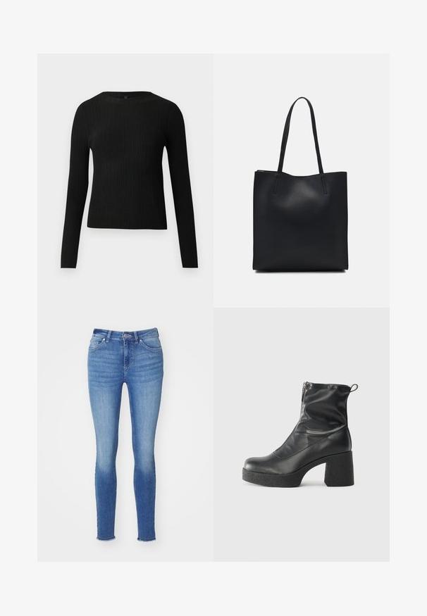 Suéter preto de mangas compridas com textura canelada, justo ao corpo, com um decote redondo, exibido contra um fundo claro e liso.; Jeans skinny em denim azul médio, com uma cintura alta, design de cinco bolsos, leve desgaste e bainhas dos tornozelos desfiadas.; Botas de tornozelo pretas feitas de couro liso, com fecho lateral, salto grosso texturizado e design de bico arredondado.; Bolsa tote preta em couro com textura lisa, forma retangular e duas alças longas. Sem hardware ou enfeites visíveis.