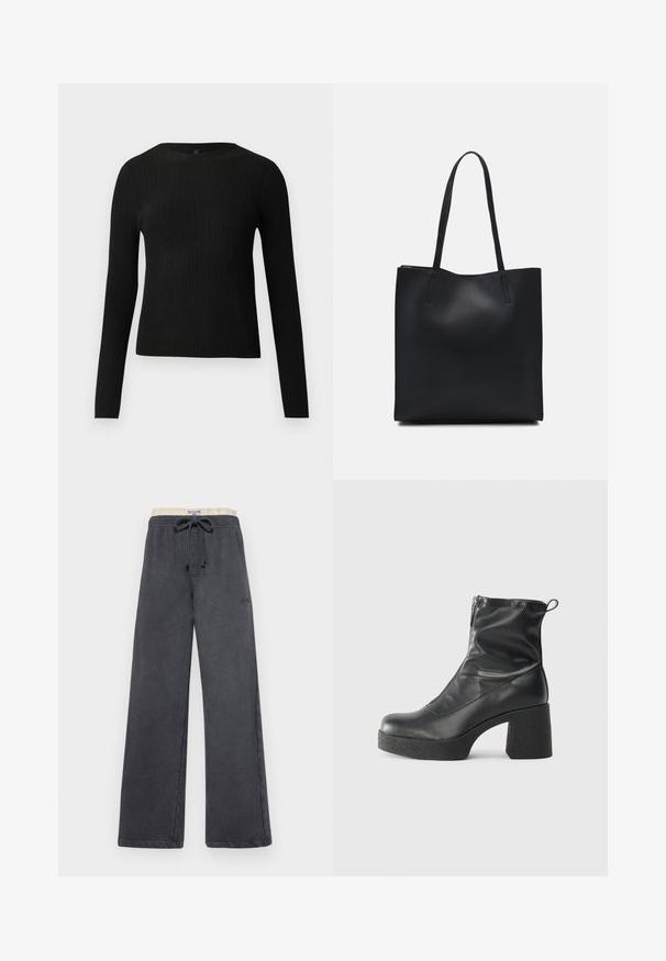 Sort ribbet langærmet tætsiddende sweater med rund halsudskæring, præsenteret på en ensfarvet lys baggrund.; Mørkegrå buks i bredt snit med blød tekstur, elastisk talje, justerbar snor og en subtil logo nær hoften.; Sorte ankelstøvler lavet af glat læder, med en sidelukning, kraftig struktureret hæl og rundt tådesign.; Sort læder tote taske med glat tekstur, rektangulær form og to lange hanke. Ingen synlig hardware eller udsmykninger.