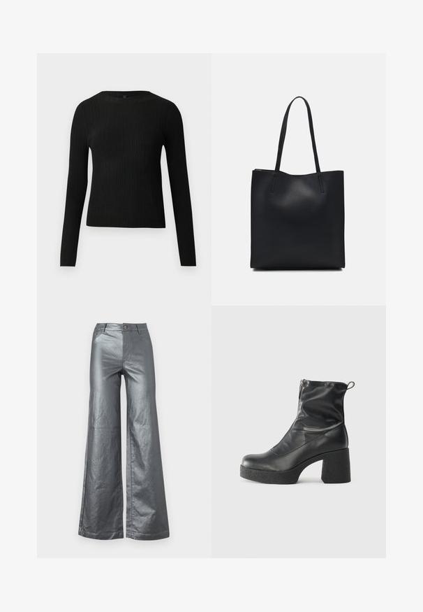 Black ribbed long-sleeve fitted sweater with a round neckline, displayed against a plain light background.; Wide-leg trousers in shiny metallic silver fabric. Features front pockets, a button closure, and straight hems. Smooth texture and sleek design.; Black ankle boots made of smooth leather, featuring a side zipper, chunky textured heel, and rounded toe design.; Black leather tote bag with smooth texture, rectangular shape, and two long handles. No visible hardware or embellishments.