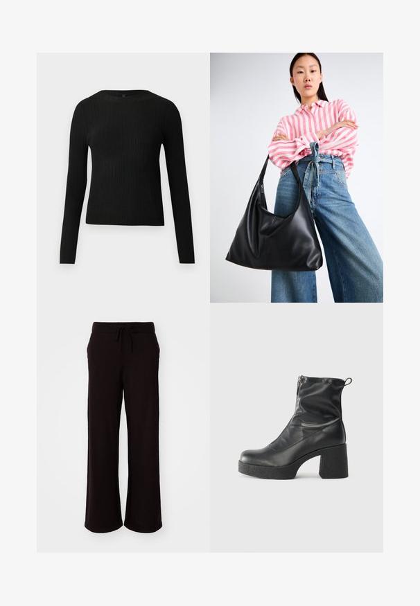 Pull ajusté noir à manches longues et côtelé avec un col rond, présenté sur un fond clair uni.; GAP Pantalon classique - terra brown; Bottes noires à la cheville en cuir lisse, dotées d'une fermeture éclair sur le côté, d'un talon épais texturé et d'une conception à bout rond.; Sac à épaule en cuir noir avec une forme décontractée et des détails de couture. Le modèle porte une chemise rayée rose et blanche avec un jean bleu à jambes larges.