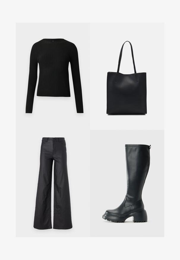 Melna, ribota, garām piedurknēm pieguļoša džemperis ar apaļu kakla izgriezumu, izlikta pret vienkāršu gaišu fonu.; Melni, plata kāju bikses no mākslīgās ādas. Iespējas ietver augstu jostasvietu, jostu cilpas, divas priekšu kabatas un izšuvumu detaļas.; Augstas melnas ādas zābakus ar masīvu platformu un bloka papēdi, ar vilkšanas cilpu un strukturētu profilu uz ārējā zoles.; Melnas ādas somiņa ar gludu tekstūru, taisnstūra formu un divām garām rokturiem. Nav redzamu aparatūras vai rotājumu.