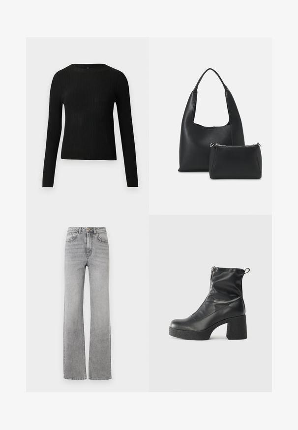 Mustmustriibuline must pikavarsiline sobiv sviiter ümmarguse kaelusega, esitatud helehallil taustal.; Sirgeda hallid teksad sirgete jalgadega, nuppude ja tõmbluku kinnitusega, ees olevad taskud ja vöökohad valge tausta taustal.; Mustad mustad ansapüksid, mis on valmistatud siledast nahast, külje zipperiga, paksu tekstuuriga kontsaga ja ümmarguse nina disainiga.; Even&Odd Käekott - black