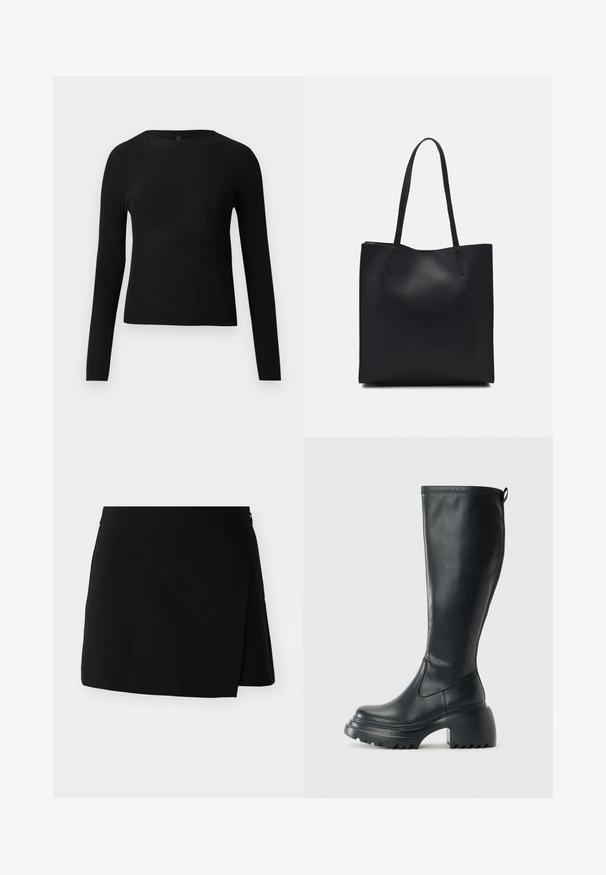 Fekete bordázott, hosszú ujjas, testhez simuló pulóver kerek nyakkivágással, világos, egyszínű háttér előtt kiemelve.; Fekete A-vonalú szoknya átkötős stílusban, sima textúrával és egyenes szegéllyel. Nincs látható fémrész vagy dísz.; Magas fekete bőrcipő, vastag platform talppal és blokk sarokkal, húzófüllel és texturált profillal az outsole-on.; Fekete bőrtáska sima felszínnel, téglalap alakú, két hosszú füllel. Nincs látható fémkiegészítő vagy díszítés.