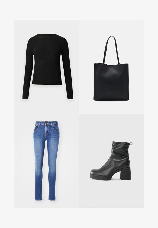 Fekete bordázott, hosszú ujjas, testhez simuló pulóver kerek nyakkivágással, világos, egyszínű háttér előtt kiemelve.; Közepesen kék mosott, vékony farmernadrág, denim anyagból készült. Öt zsebe van, gombos záródású, és diszkrét kopás található a térd környékén.; Fekete bokacsizmák sima bőrből, oldalsó cipzárral, vastag, texturált sarkú és lekerekített orrú dizájnnal.; Fekete bőrtáska sima felszínnel, téglalap alakú, két hosszú füllel. Nincs látható fémkiegészítő vagy díszítés.