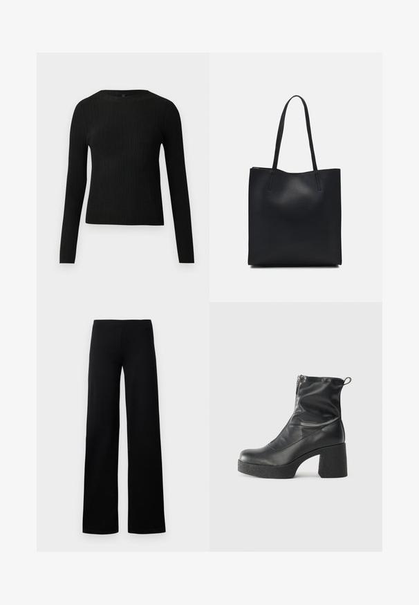 Schwarzer, gerippter, langärmliger, taillierter Pullover mit Rundhalskragen, vor einem schlichten, hellen Hintergrund präsentiert.; Schwarze, weite Hosen aus glattem, dehnbarem Stoff mit einem nahtlosen, elastischen Bund und ohne sichtbare Taschen oder Verzierungen.; Schwarze Stiefeletten aus glattem Leder mit seitlichem Reißverschluss, klobigem strukturiertem Absatz und runder Zehenform.; Schwarze Laptoptasche aus Leder mit glatter Textur, rechteckiger Form und zwei langen Griffen. Keine sichtbaren Beschläge oder Verzierungen.