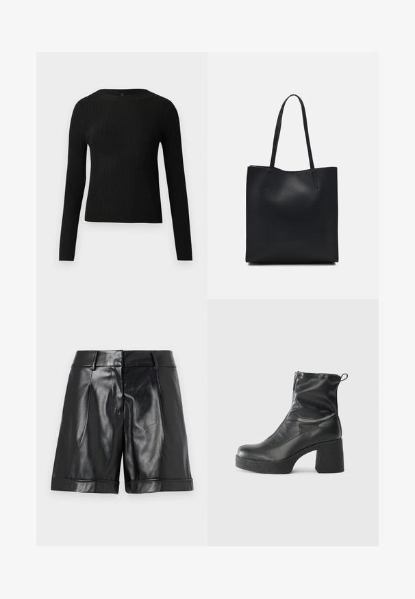 Suéter negro de manga larga ajustado con estampado de canalé y cuello redondo, exhibido sobre un fondo claro y liso.; Shorts de cuero negro con un acabado brillante, pliegues frontales y un dobladillo enrollado. Diseño elegante con una cinturilla ajustada y hardware minimalista.; Botines negros de tobillo, hechos de cuero suave, con cierre lateral, tacón grueso texturizado y diseño de punta redondeada.; Bolso tote de cuero negro con textura lisa, forma rectangular y dos asas largas. Sin herrajes ni adornos visibles.