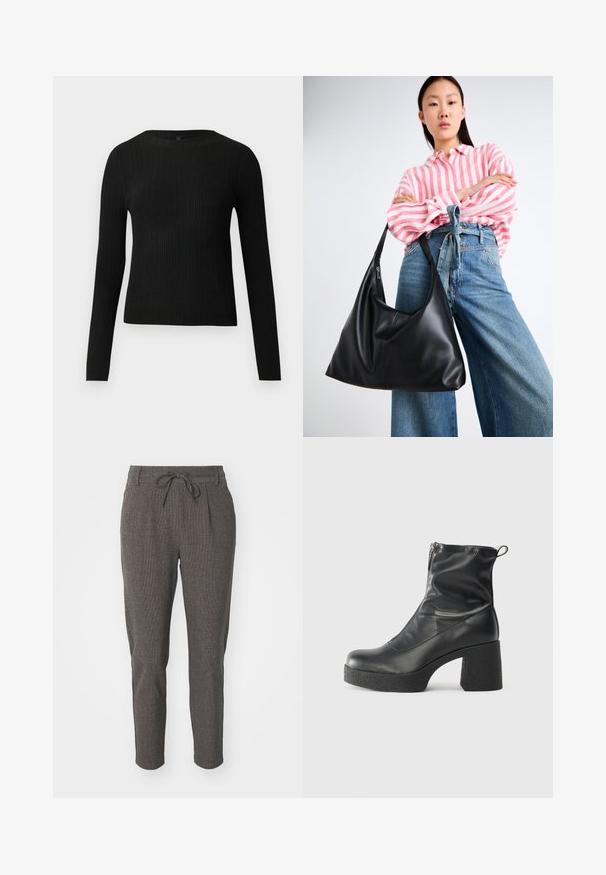 Černý žebrovaný dlouhý rukáv těsně padnoucí svetr s kulatým výstřihem, vystavený na jednoduchém světlém pozadí.; Šedé texturované kalhoty s pasem na šňůrku, zúženými nohavicemi a předními sklady pro zvýšení detailu. Lehká látka, vhodná pro každodenní nošení.; Černé kotníkové boty vyrobené z hladké kůže, s bočním zipem, robustním strukturovaným podpatkem a kulatou špičkou.; Černá kožená taška přes rameno se uvolněným tvarem a švy. Model na sobě má růžovo-bílý pruhovaný top a široké modré džíny.