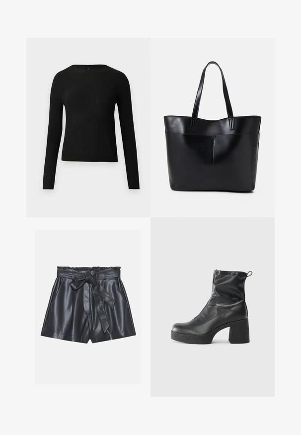 Czarny, prążkowany, dopasowany sweter z długim rękawem i okrągłym dekoltem, wyeksponowany na jednolitym jasnym tle.; Czarne skórzane szorty z wysokim stanem, elastycznym paskiem, odpinanym paskiem oraz gładką teksturą. Posiadają płaski przód i boczne kieszenie.; Czarne botki za kostkę wykonane z gładkiej skóry, wyposażone w boczny zamek błyskawiczny, masywny teksturowany obcas oraz zaokrąglony czubek.; Czarna skórzana torba na ramię z dwoma długimi uchwytami, gładką teksturą i sztywną formą. Posiada przednią kieszeń dla dodatkowego przechowywania.