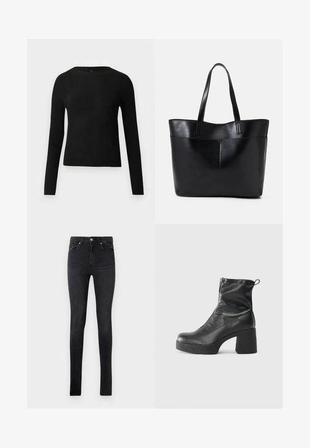 Mustat ribbitetut pitkähihaiset tiukat neuleet, joissa on pyöreä pääntie, esillä yksinkertaisella vaalealla taustalla.; Musta slim-fit farkut, joissa on viisi taskua ja napillinen sulku vyötäröllä, esillä yksinkertaista valkoista taustaa vasten.; Mustat nilkkurit, jotka on valmistettu sileästä nahasta. Niissä on sivuvetoketju, paksu teksturoitu korko ja pyöristetty kärki.; Musta nahkainen kassi, jossa on kaksi pitkää kahvaa, sileä pinta ja jämäkkä muoto. Sisältää etutaskun lisävarastointia varten.
