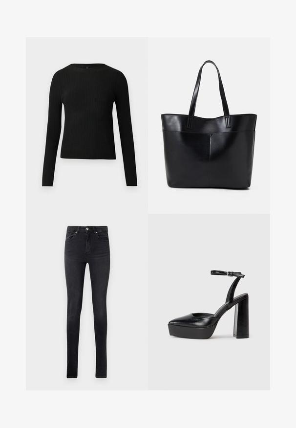 Juoda dryžuota ilga rankovė prigludusi megztinis su apvalia iškirpte, pateiktas prieš paprastą šviesią fono.; Juodi liesi džinsai su penkiomis kišenėmis ir sagų uždarymu juosmenyje, pavaizduoti prieš paprastą baltą foną.; Juodi platforminiai aukšti kulniukai su smailiu kojų pirštu ir reguliuojamu kulkšnies dirželiu. Pagaminti iš lygaus odos, turi masyvų blokinį kulną.; Juoda odinė rankinė su dviem ilgais diržais, lygiu paviršiumi ir struktūrizuota forma. Yra priekinė kišenė papildomam saugojimui.