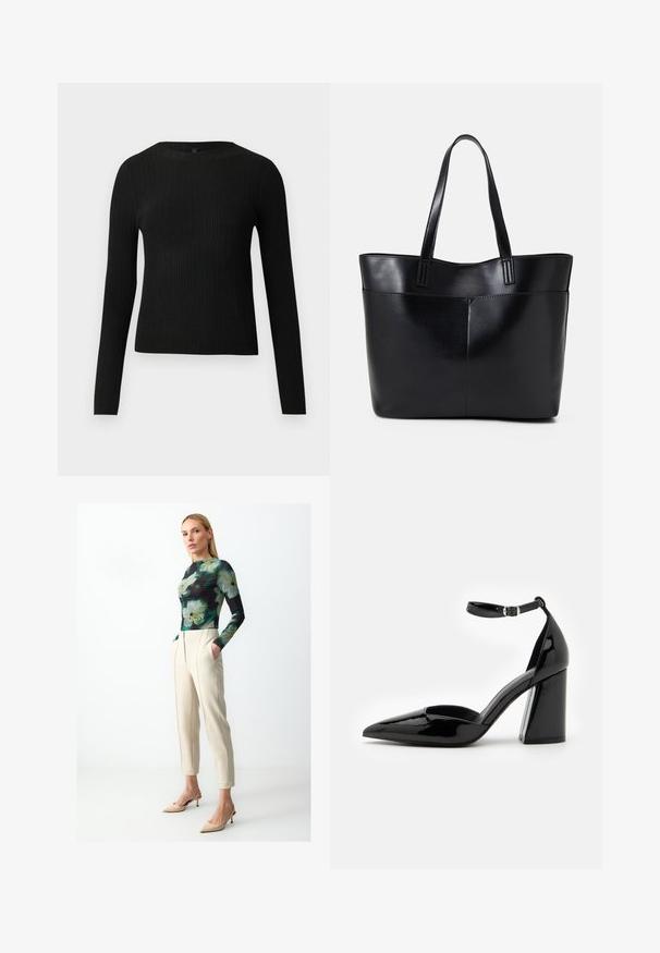 Czarny, prążkowany, dopasowany sweter z długim rękawem i okrągłym dekoltem, wyeksponowany na jednolitym jasnym tle.; Bluzka z długim rękawem w kwiatowy wzór w kolorze zielonym i czarnym, zestawiona z kremowymi spodniami wąskimi i cielistymi szpilkami.; Czółenka z czarnej lakierowanej skóry na wysokim obcasie, z wąskim noskiem, paskiem wokół kostki oraz szerokim obcasem dla stabilności, o gładkiej, błyszczącej teksturze.; Czarna skórzana torba na ramię z dwoma długimi uchwytami, gładką teksturą i sztywną formą. Posiada przednią kieszeń dla dodatkowego przechowywania.