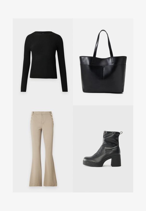 Black ribbed long-sleeve fitted sweater with a round neckline, displayed against a plain light background.; Beige flared pants made of soft fabric, featuring a fitted waist and five decorative gold buttons on each side. Smooth texture with no patterns.; Black ankle boots made of smooth leather, featuring a side zipper, chunky textured heel, and rounded toe design.; Black leather tote bag with two long handles, a smooth texture, and a structured shape. Features a front pocket for additional storage.