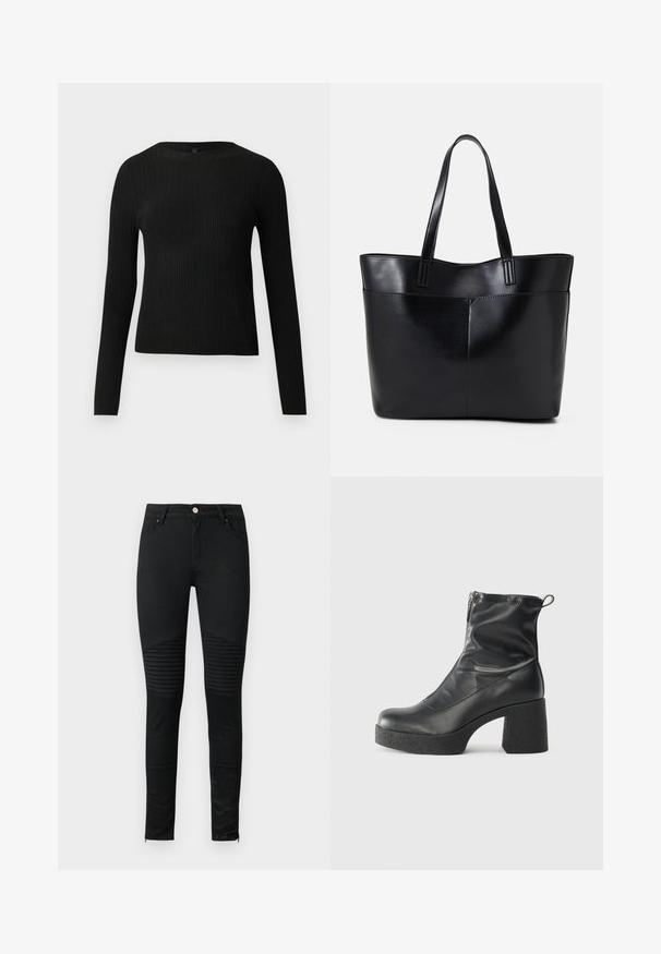 Pulover negru cu mâncă lungă, cu textură ribbed, cu decolteu rotund, expus pe un fundal deschis și simplu.; Jeans negri skinny, cu o textură netedă din denim, detalii nervurate la genunchi și mansete cu fermoar pentru un design ajustat.; Bocanci negri de glezna din piele netedă, cu fermoar lateral, toc texturat și masiv, și design cu vârf rotund.; Geantă oversized din piele neagră, cu două mânere lungi, de textură netedă și formă structurată. Are un buzunar frontal pentru stocare suplimentară.