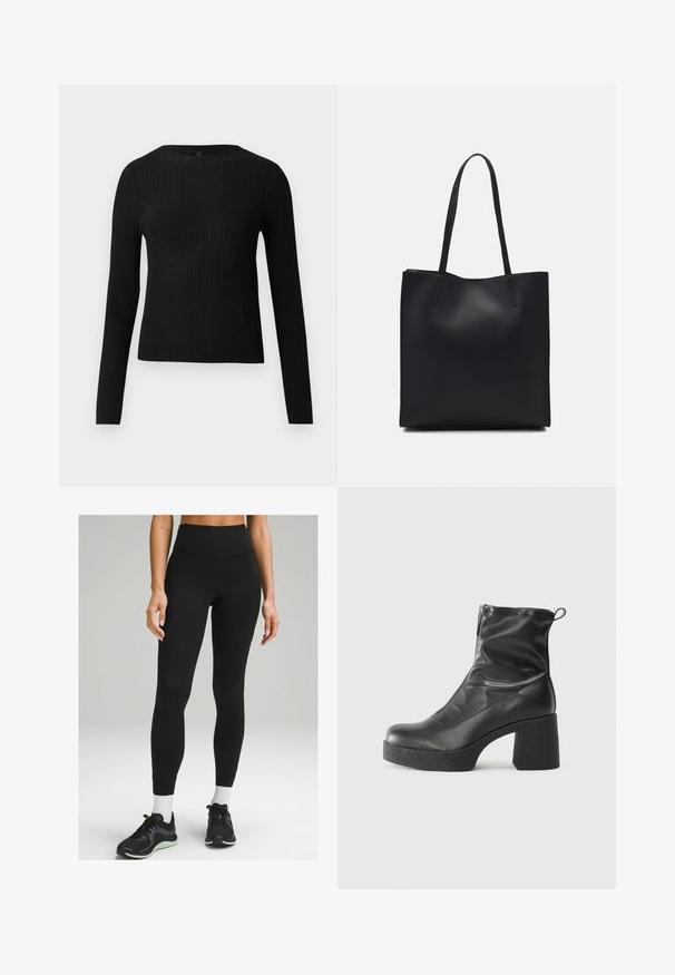 Sort ribbet langærmet tætsiddende sweater med rund halsudskæring, præsenteret på en ensfarvet lys baggrund.; Sorte højtaljede leggings lavet af strækbart materiale, med et elegant design, glat tekstur og subtil sidelæring. Sammen med sorte sportssko.; Sorte ankelstøvler lavet af glat læder, med en sidelukning, kraftig struktureret hæl og rundt tådesign.; Sort læder tote taske med glat tekstur, rektangulær form og to lange hanke. Ingen synlig hardware eller udsmykninger.
