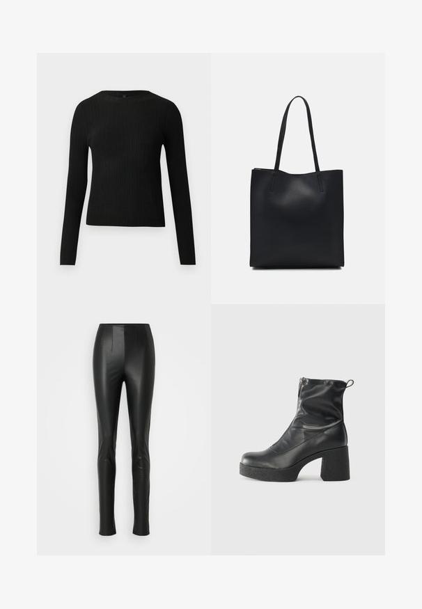 Melna, ribota, garām piedurknēm pieguļoša džemperis ar apaļu kakla izgriezumu, izlikta pret vienkāršu gaišu fonu.; Melnas mākslīgās ādas bikses ar šauru piegriezumu, kurām ir divas vertikālas priekšējās šuves un gluda tekstūra, beidzoties virs potītes.; Melni potītes zābaki, kas izgatavoti no gludas ādas, ar sānu rāvējslēdzēju, masīvu strukturētu papēdi un noapaļotu purngalu.; Melnas ādas somiņa ar gludu tekstūru, taisnstūra formu un divām garām rokturiem. Nav redzamu aparatūras vai rotājumu.