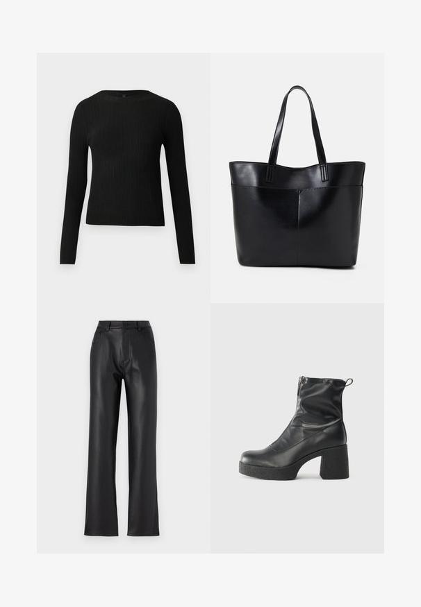 Pulover negru cu mâncă lungă, cu textură ribbed, cu decolteu rotund, expus pe un fundal deschis și simplu.; Pantaloni din piele ecologică negri cu un design drept, având buzunare frontale, fermoar și închidere cu nasture. Textură netedă.; Bocanci negri de glezna din piele netedă, cu fermoar lateral, toc texturat și masiv, și design cu vârf rotund.; Geantă oversized din piele neagră, cu două mânere lungi, de textură netedă și formă structurată. Are un buzunar frontal pentru stocare suplimentară.
