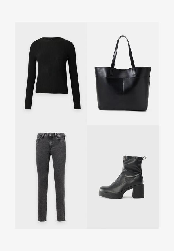 Svart ribbad långärmad åtsittande tröja med rund halsringning, visad mot en enkel ljus bakgrund.; Svarta denimjeans med slim-fit, femficksdesign och metallknappsstängning. Har en slitningstextur och subtil blekning.; Svarta ankelstövlar i slitstark läder, med sidodragkedja, kraftig strukturerad klack och rundad tådesign.; Svart läder tote-väska med två långa handtag, en slät yta och en strukturerad form. Har en framficka för extra förvaring.