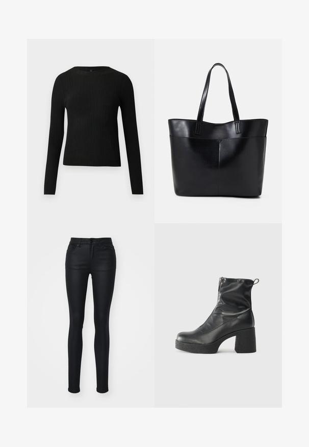 Μαύρο ριμπ πλεκτό πουλόβερ με μακρύ μανίκι και στρογγυλή λαιμόκοψη, παρουσιαζόμενο σε απλή ανοιχτόχρωμη φόντο.; Μαύρα στενά τζιν από λείο, ελαστικό ντένιμ. Διαθέτουν μεσαία μέση, πέντε τσέπες και θηλιές ζώνης. Κλασικός σχεδιασμός πέντε τσεπών.; Μαύρες μποτές μέχρι τον αστράγαλο από λείο δέρμα, με πλευρικό φερμουάρ, χοντρό υφασμάτινο τακούνι και στρογγυλή μύτη.; Μαύρη δερμάτινη τσάντα tote με δύο μακριούς ιμάντες, λεία υφή και δομημένο σχήμα. Διαθέτει μπροστινή τσέπη για επιπλέον αποθήκευση.