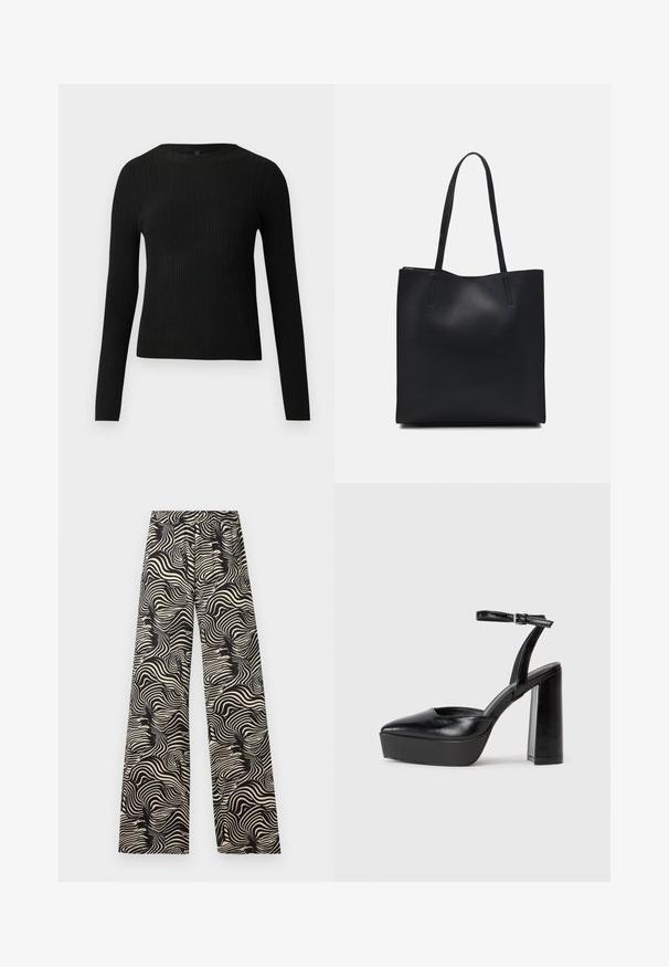 Sort ribbet langærmet tætsiddende sweater med rund halsudskæring, præsenteret på en ensfarvet lys baggrund.; Videbenede bukser i et monokromt svirle mønster. Materialet ser letvægtigt ud med en tekstureret overflade; har en høj, elastisk talje.; Sorte platformhæle med spidse tæer og justerbar ankelrem. Construeret i glat læder, med en kraftig blokhæl.; Sort læder tote taske med glat tekstur, rektangulær form og to lange hanke. Ingen synlig hardware eller udsmykninger.