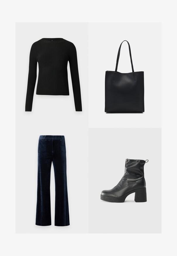 Fekete bordázott, hosszú ujjas, testhez simuló pulóver kerek nyakkivágással, világos, egyszínű háttér előtt kiemelve.; Sötétkék harangszárú nadrág puha bársonyból. Simaság jellemzi, szabott derékkal és letisztult szélekkel rendelkezik. Nincs látható fémalkatrész vagy minta.; Fekete bokacsizmák sima bőrből, oldalsó cipzárral, vastag, texturált sarkú és lekerekített orrú dizájnnal.; Fekete bőrtáska sima felszínnel, téglalap alakú, két hosszú füllel. Nincs látható fémkiegészítő vagy díszítés.