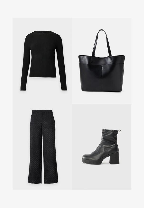 Black ribbed long-sleeve fitted sweater with a round neckline, displayed against a plain light background.; Black wide-leg trousers made of fabric with white polka dots. Features a mid-rise waistband and front pockets. Textured surface.; Black ankle boots made of smooth leather, featuring a side zipper, chunky textured heel, and rounded toe design.; Black leather tote bag with two long handles, a smooth texture, and a structured shape. Features a front pocket for additional storage.