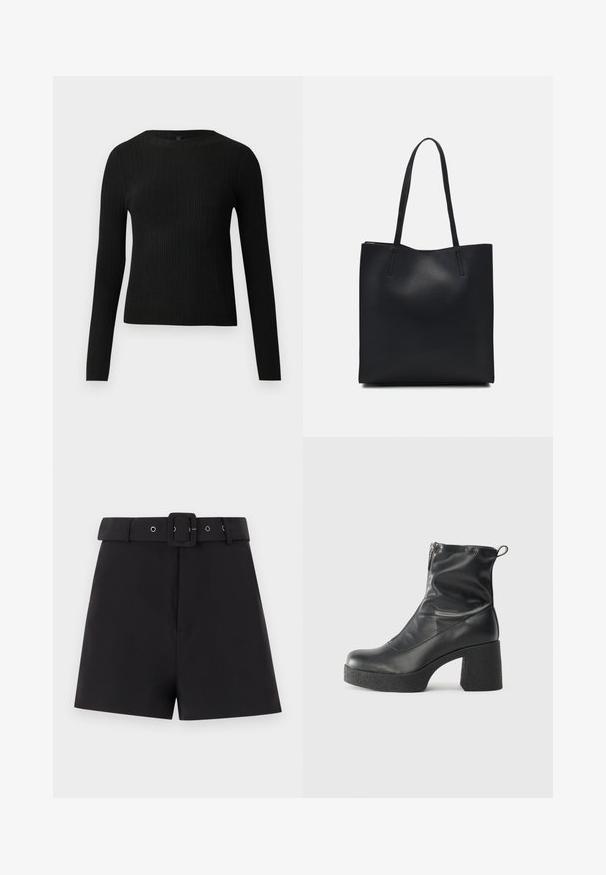 Crni rebrasti dugouhasti pripijeni pulover s okruglim izrezom, prikazan na jednostavnoj svijetloj pozadini.; Crne hlače kratke izrađene od glatkog materijala, s širokim pojasom opremljenim petljama za remen i kvadratnom kopčom, dizajnirane s krojem koji dobro pristaje.; Crne gležnjače od glatke kože, s bočnim zatvaračem, debelim teksturiranim potplatom i dizajnom s zaobljenim prstima.; Crna kožna torba za nošenje s glatkom teksturom, pravokutnim oblikom i dvije duge ručke. Nema vidljivih metalnih dijelova ili ukrasa.