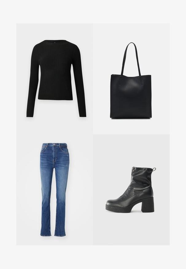 Melna, ribota, garām piedurknēm pieguļoša džemperis ar apaļu kakla izgriezumu, izlikta pret vienkāršu gaišu fonu.; Gai zilgani denima džinsi ar platām kājām, ar standarta jostasvietu, piecām kabatām un vieglu izbalēšanu visā virsmā.; Melni potītes zābaki, kas izgatavoti no gludas ādas, ar sānu rāvējslēdzēju, masīvu strukturētu papēdi un noapaļotu purngalu.; Melnas ādas somiņa ar gludu tekstūru, taisnstūra formu un divām garām rokturiem. Nav redzamu aparatūras vai rotājumu.