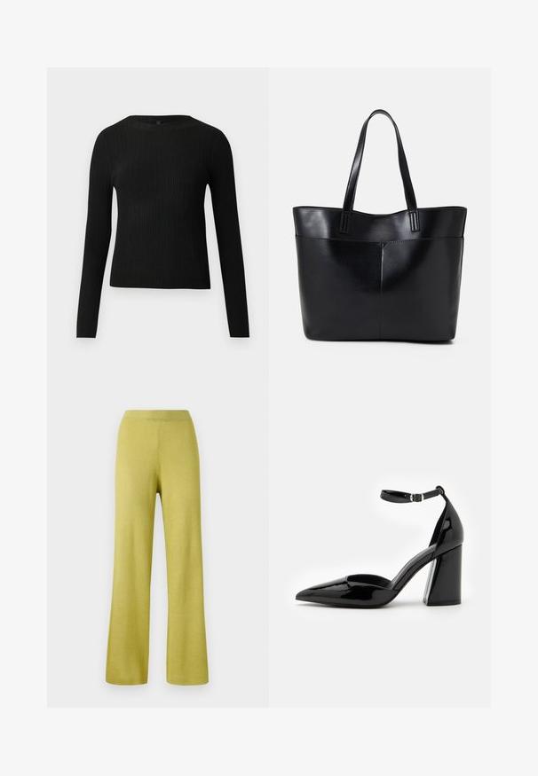 Pull ajusté noir à manches longues et côtelé avec un col rond, présenté sur un fond clair uni.; Pantalons en tricot côtelé jaunes avec une coupe décontractée, des jambes larges et une taille élastique. La texture semble douce et extensible.; Chaussure à talon haut en cuir verni noir avec un bout pointu, une bride de cheville et un large talon bloc pour la stabilité, présentant une texture lisse et brillante.; Sac fourre-tout en cuir noir avec deux longues poignées, une texture lisse et une forme structurée. Dispose d'une poche avant pour un rangement supplémentaire.
