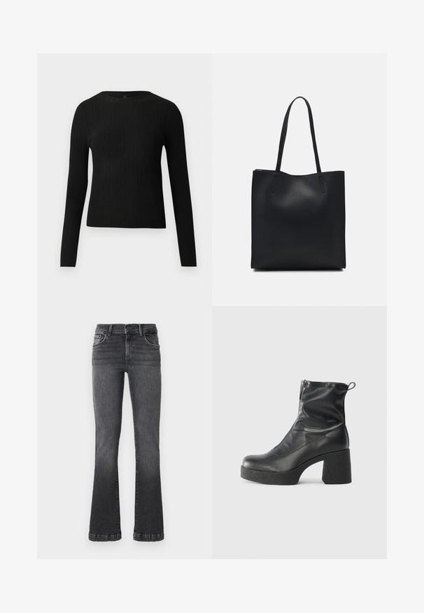 Black ribbed long-sleeve fitted sweater with a round neckline, displayed against a plain light background.; Flared black jeans in a mid-weight denim. Five-pocket design with a subtle faded wash and contrasting stitching along the seams.; Black ankle boots made of smooth leather, featuring a side zipper, chunky textured heel, and rounded toe design.; Black leather tote bag with smooth texture, rectangular shape, and two long handles. No visible hardware or embellishments.