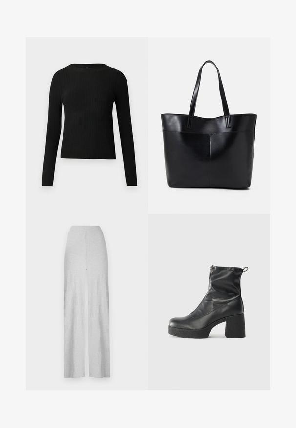 Mustat ribbitetut pitkähihaiset tiukat neuleet, joissa on pyöreä pääntie, esillä yksinkertaisella vaalealla taustalla.; Vaaleanharmaat ribatut leveälahkeiset housut, joissa on korkea vyötärö ja edessä halkio. Valmistettu pehmeästä kankaasta, jossa on sileä pinta.; Mustat nilkkurit, jotka on valmistettu sileästä nahasta. Niissä on sivuvetoketju, paksu teksturoitu korko ja pyöristetty kärki.; Musta nahkainen kassi, jossa on kaksi pitkää kahvaa, sileä pinta ja jämäkkä muoto. Sisältää etutaskun lisävarastointia varten.