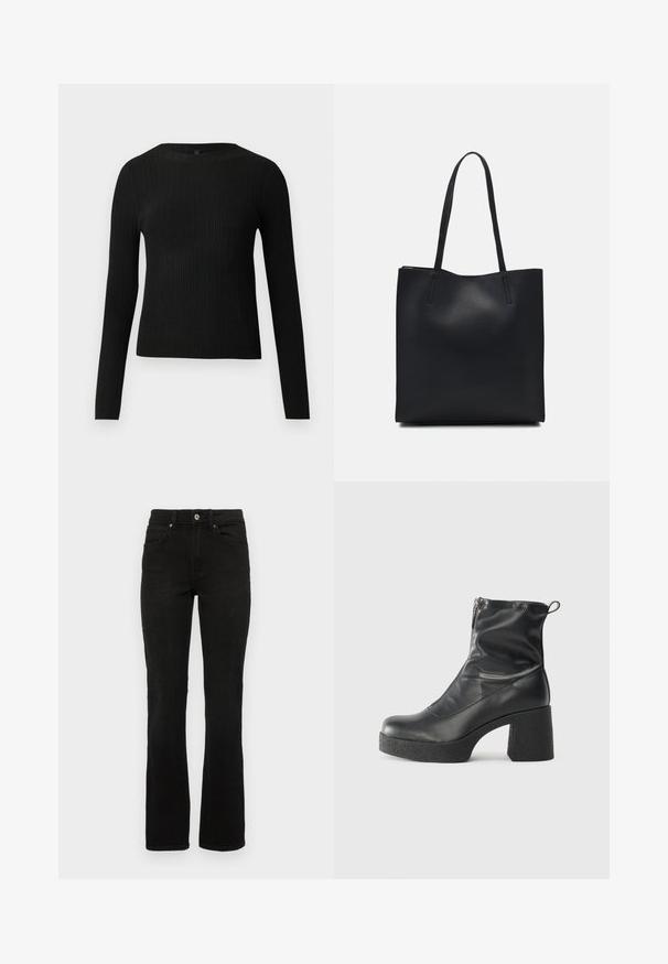 Black ribbed long-sleeve fitted sweater with a round neckline, displayed against a plain light background.; Black denim jeans with a flared leg design, mid-rise waist, five pockets, and a button closure. The material has a smooth, sturdy texture.; Black ankle boots made of smooth leather, featuring a side zipper, chunky textured heel, and rounded toe design.; Black leather tote bag with smooth texture, rectangular shape, and two long handles. No visible hardware or embellishments.