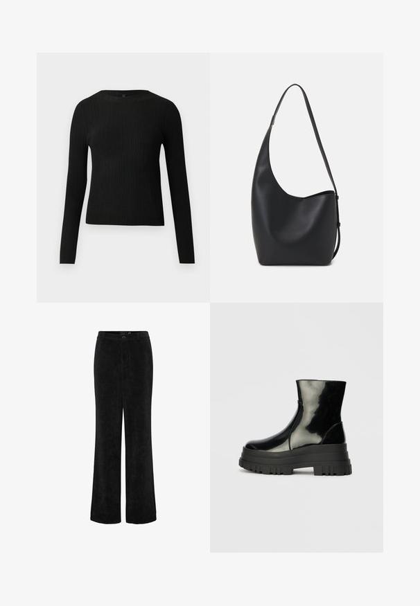 Zwarte geribde langochtriem trui met een ronde halslijn, weergegeven tegen een effen lichte achtergrond.; Zwarte corduroy wijd gesneden broek met een textuurafwerking, voorzien van een knoopsluiting en ri loops. Klassieke rechte pasvorm met zijzakken.; Zwarte glanzende enkelboot met dikke profielzool en ronde neus, zijaanzicht op een effen lichtgrijze achtergrond.; Zwarte leren hobo tas met een gladde textuur, kromme vorm en een enkele verstelbare schouderband; heeft een brede opening aan de bovenkant.
