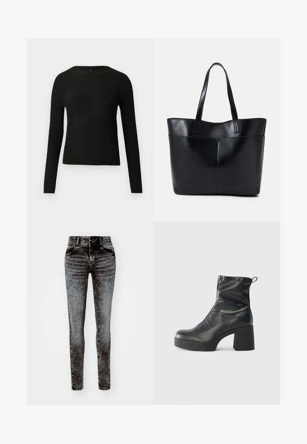 Svart ribbad långärmad åtsittande tröja med rund halsringning, visad mot en enkel ljus bakgrund.; Smala jeans i en urtvättad svart nyans, med hög midja, ribbad midjeband, två framfickor och subtila sömdetaljer.; Svarta ankelstövlar i slitstark läder, med sidodragkedja, kraftig strukturerad klack och rundad tådesign.; Svart läder tote-väska med två långa handtag, en slät yta och en strukturerad form. Har en framficka för extra förvaring.