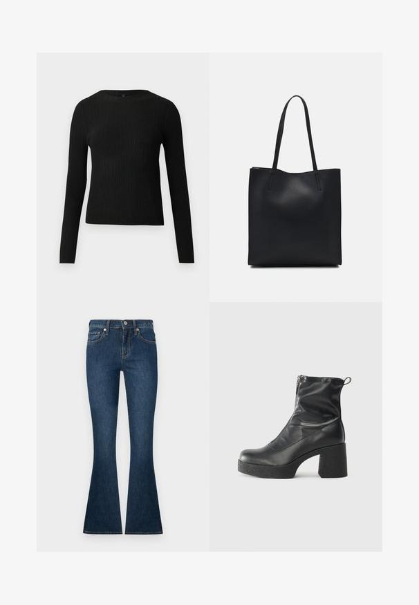 Black ribbed long-sleeve fitted sweater with a round neckline, displayed against a plain light background.; Dark blue denim flared jeans with a classic five-pocket design, standard button closure, and minimal stitching accents on the pockets.; Black ankle boots made of smooth leather, featuring a side zipper, chunky textured heel, and rounded toe design.; Black leather tote bag with smooth texture, rectangular shape, and two long handles. No visible hardware or embellishments.