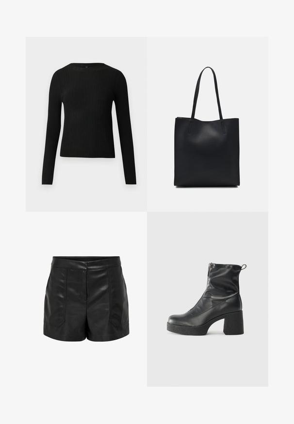 Pull ajusté noir à manches longues et côtelé avec un col rond, présenté sur un fond clair uni.; Shorts en cuir noir avec une texture lisse, dotés de deux poches avant et d'une coupe ajustée. La taille est plate sans fermetures visibles.; Bottes noires à la cheville en cuir lisse, dotées d'une fermeture éclair sur le côté, d'un talon épais texturé et d'une conception à bout rond.; Sac fourre-tout en cuir noir avec une texture lisse, de forme rectangulaire et deux longues poignées. Pas de matériel ou d'ornementations visibles.