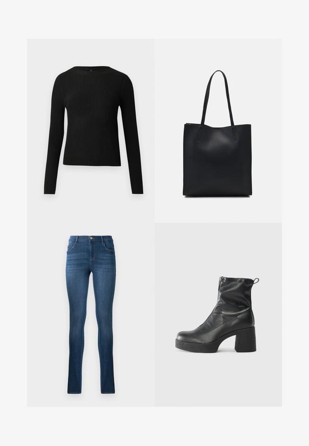 Črna rebrasta dolgosleeve prilegnjena pulover s krožnim ovratnikom, prikazan na enostavni svetli podlagi.; Tanekani jeans v temno modrem denimu, ki se ponašajo z visokim pasom, klasičnim petim žepnim oblikovanjem in rahlo zbledelostjo. Vključena je kovinska zaponka.; Črne gležnjarje iz gladke kože z božnim zadrgo, masivnim teksturiranim peto in zaobljeno obliko prstov.; Črna usnjena torba s svilnato teksturo, pravokotne oblike in dvema dolgima ročajema. Brez vidnih metalnih delov ali okrasnih elementov.