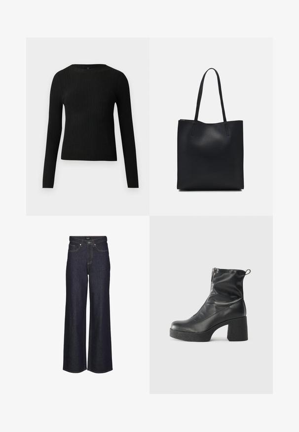 Suéter preto de mangas compridas com textura canelada, justo ao corpo, com um decote redondo, exibido contra um fundo claro e liso.; Jeans de perna larga de cintura alta em denim escuro. Apresenta costuras clássicas, cinco bolsos e um fecho de botão na frente.; Botas de tornozelo pretas feitas de couro liso, com fecho lateral, salto grosso texturizado e design de bico arredondado.; Bolsa tote preta em couro com textura lisa, forma retangular e duas alças longas. Sem hardware ou enfeites visíveis.
